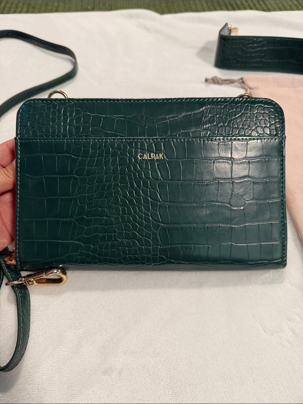 Calpak Dark Green Croc-Embossed Crossbody Wallet